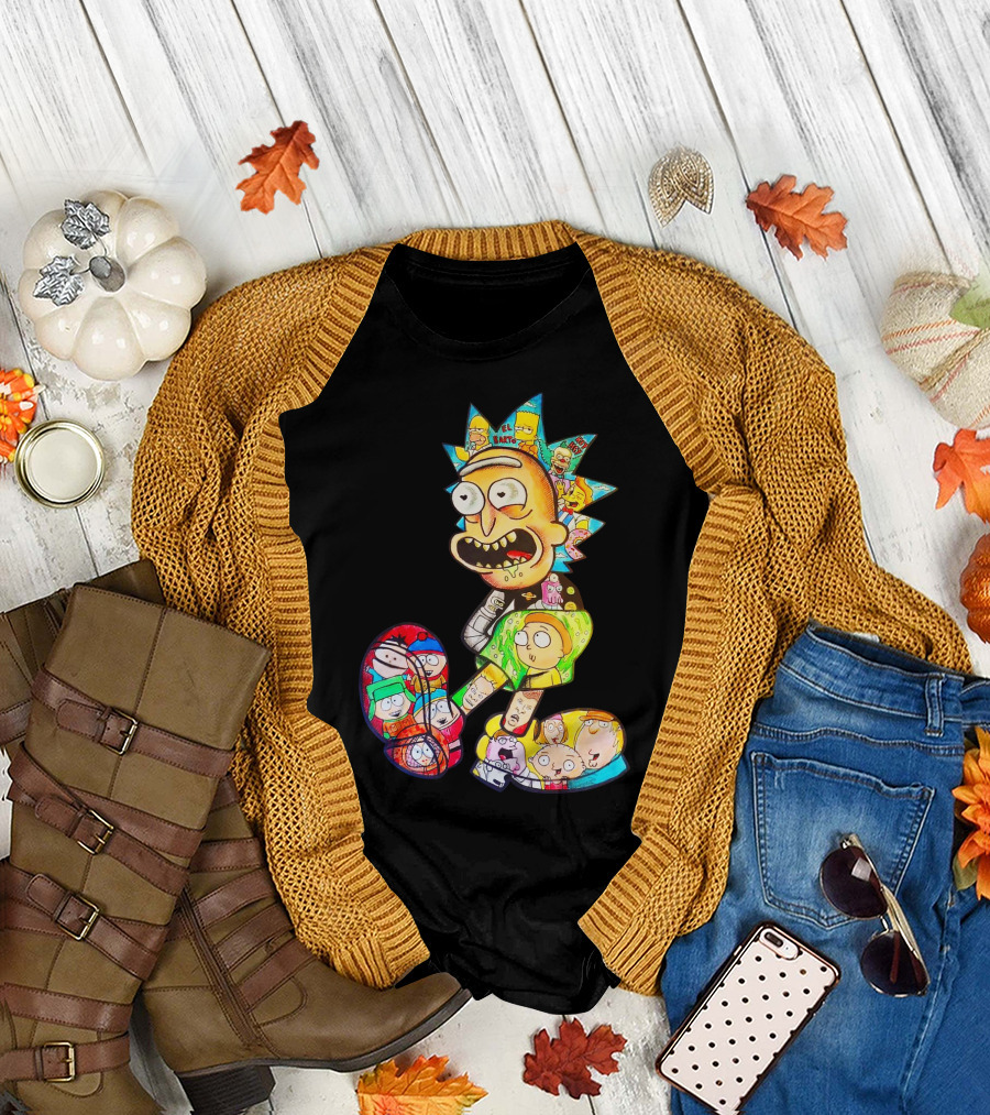 Rick and Morty South Park Family Guy Simpsons Crossover All In One T-Shirt