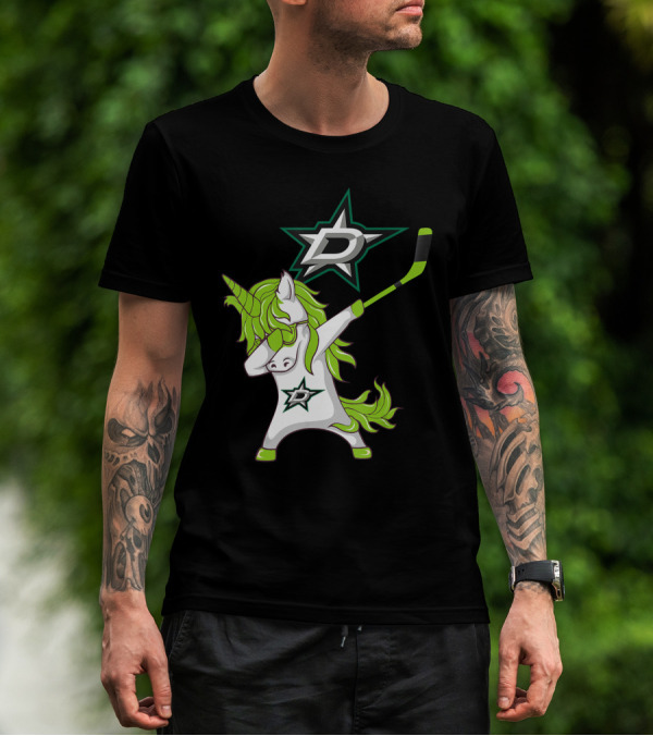 St Patrick's Day Dabbing Unicorn With Hockey Stick Dallas Stars T-Shirt