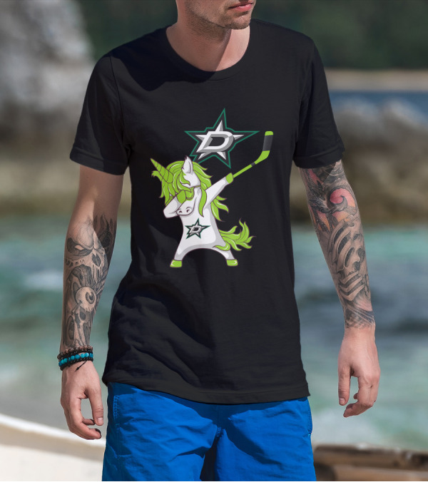 St Patrick's Day Dabbing Unicorn With Hockey Stick Dallas Stars T-Shirt