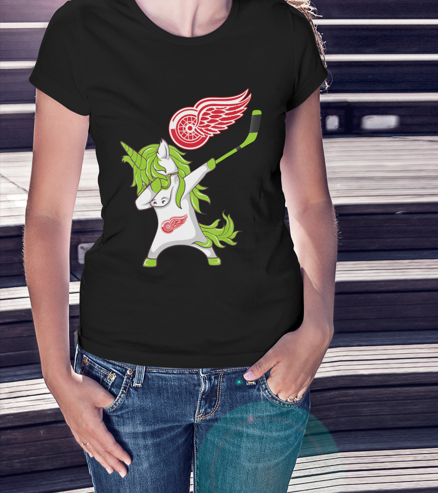 Detroit Red Wings St Patrick's Day Dabbing Unicorn Hockey Stick T-Shirt