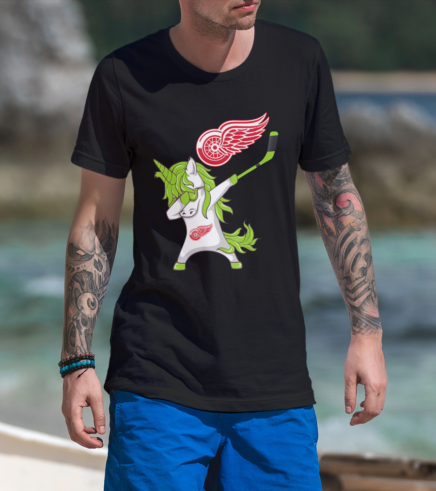 Detroit Red Wings St Patrick's Day Dabbing Unicorn Hockey Stick T-Shirt