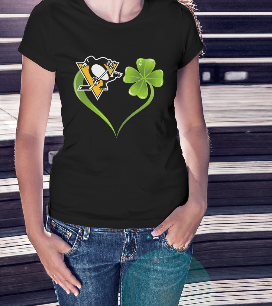 St Patrick Day Irish Shamrock Heart Love Pittsburgh Penguins T-Shirt