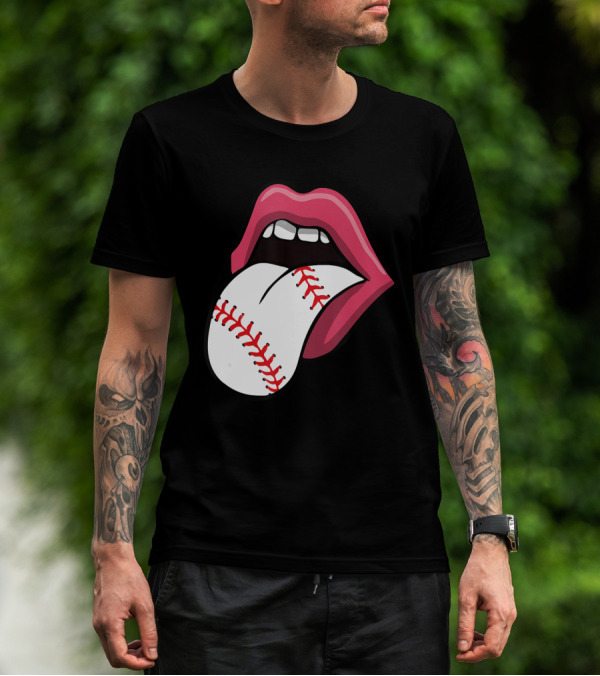 Baseball Red Lips Tongue Stitch T-Shirt