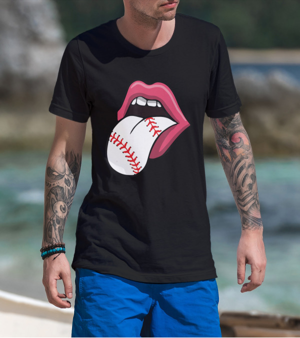 Baseball Red Lips Tongue Stitch T-Shirt