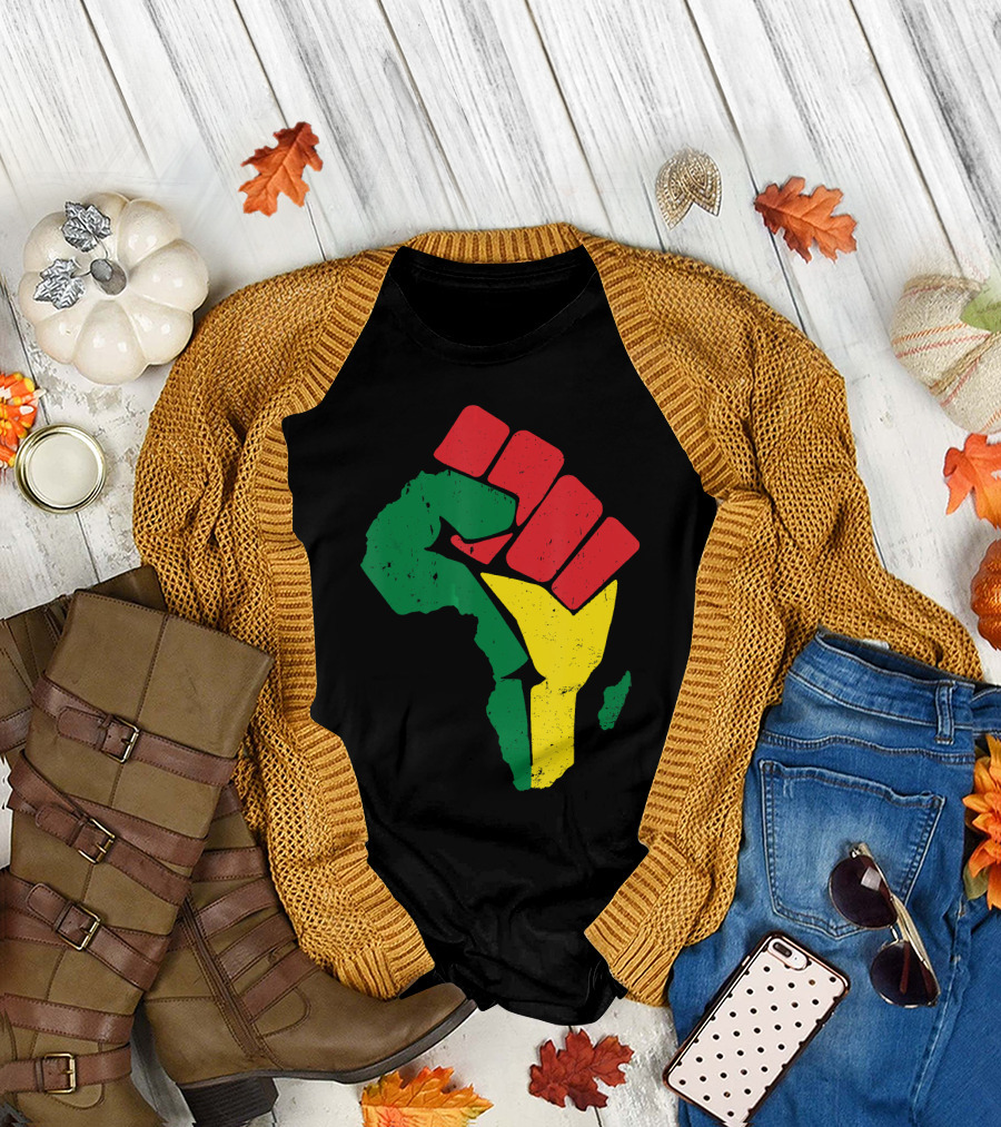 Black Fist African Map Red Green Yellow Pride Black History T-Shirt