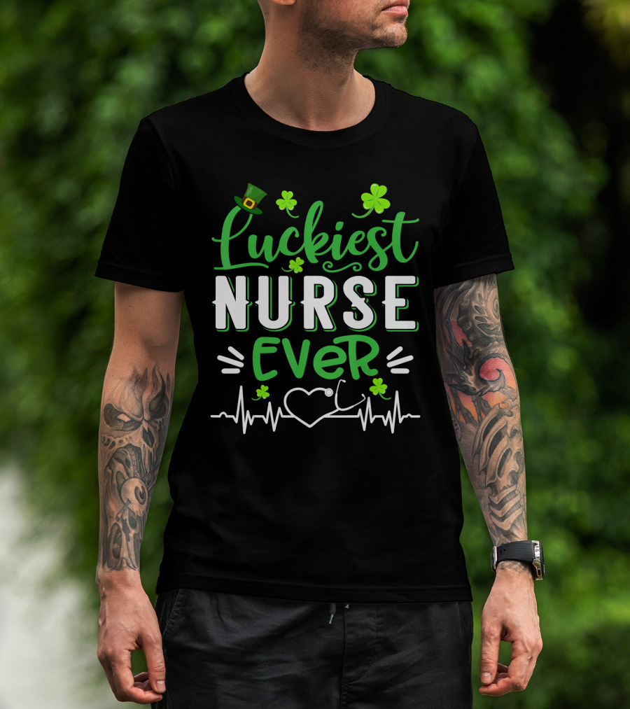 Luckiest Nurse Ever Shamrock Top Hat Heartbeat St Patrick T-Shirt