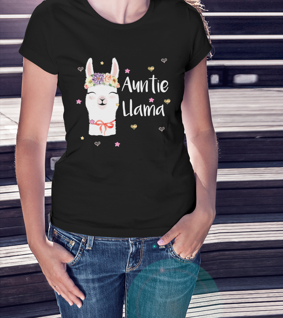 Auntie Llama Cute Floral Crown And Stars For Llama Lovers T-Shirt