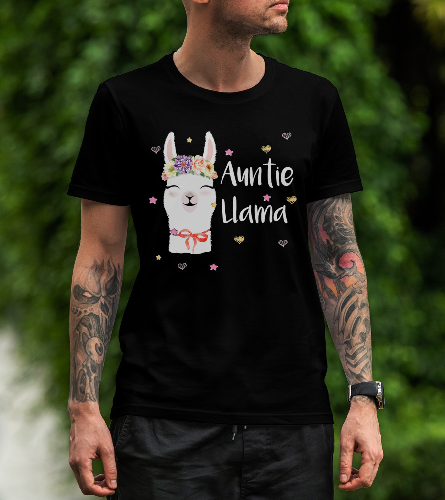 Auntie Llama Cute Floral Crown And Stars For Llama Lovers T-Shirt