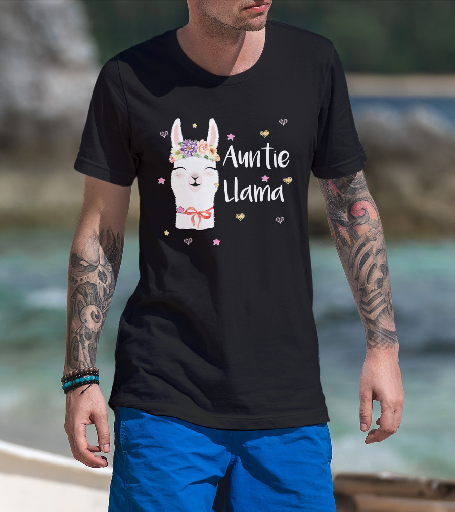 Auntie Llama Cute Floral Crown And Stars For Llama Lovers T-Shirt