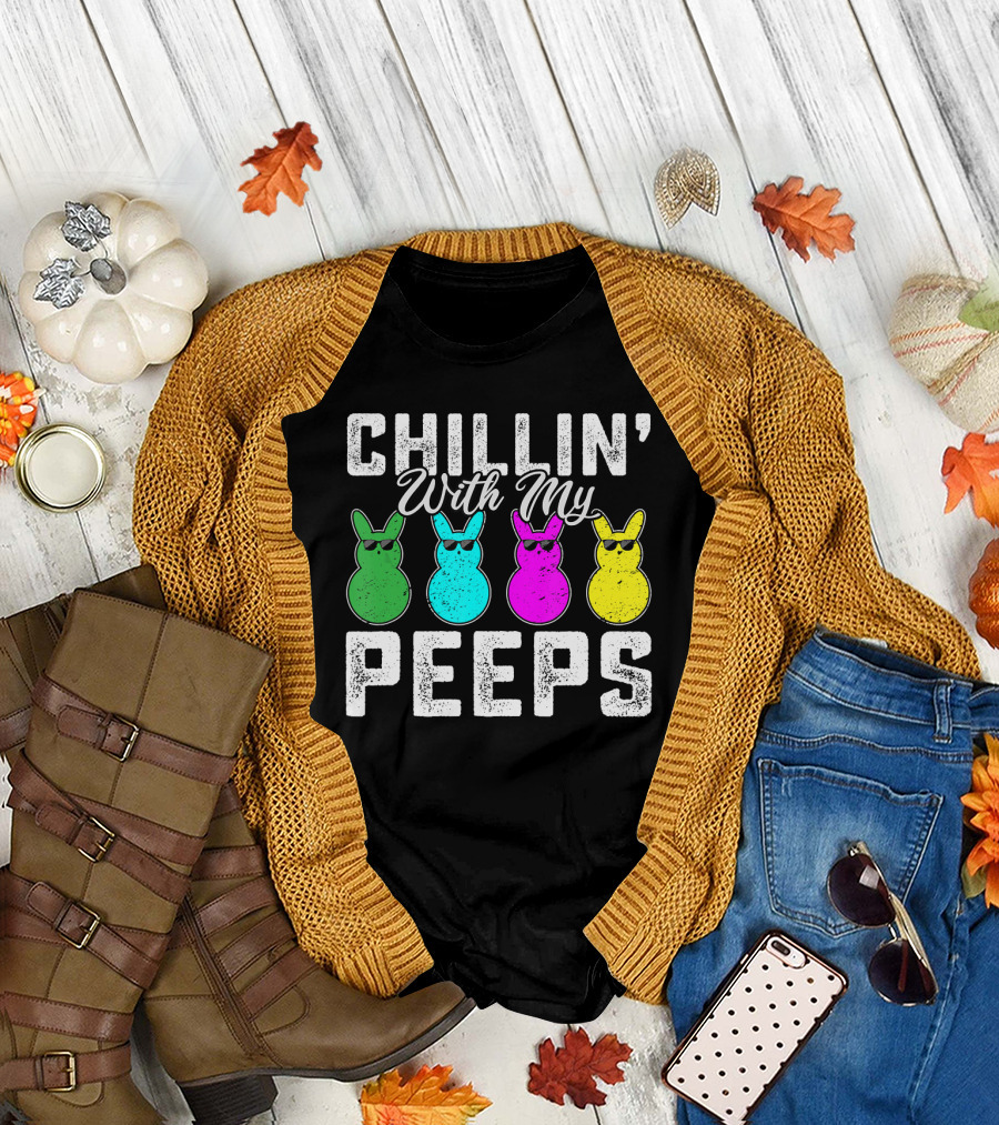 Chillin' With My Peeps Green Blue Pink Yellow Bunnies Wearing Sunglasses T-Shirt