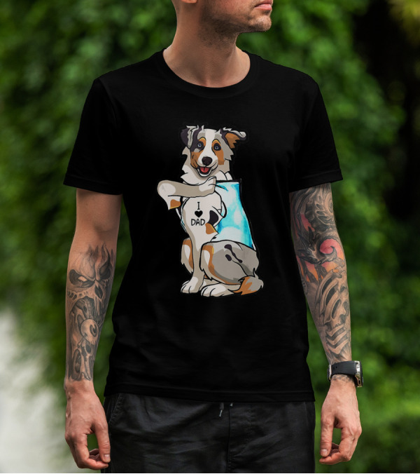 Australian Shepherd Dog I Love Dad Tattoo Paws Up T-Shirt