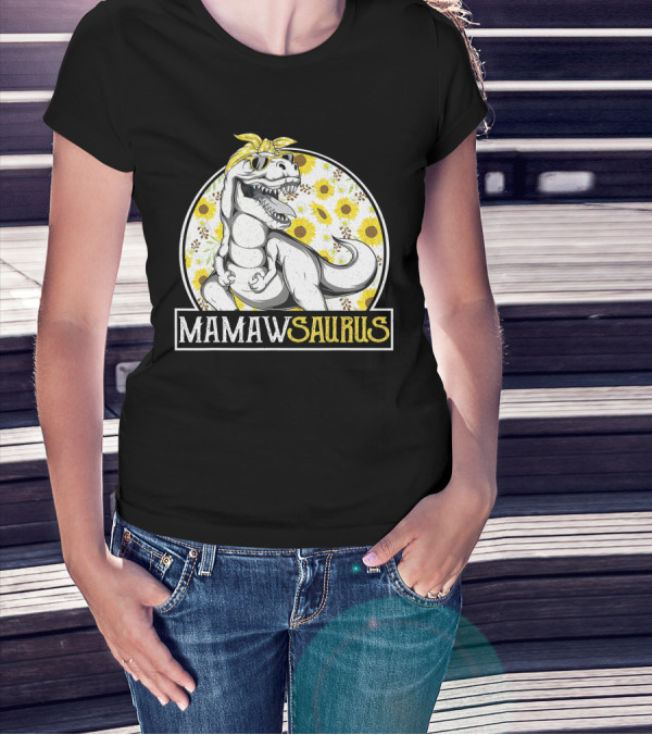 Mamaw Saurus Sunflower Dinosaur Grandma Fun Retro T-Rex T-Shirt