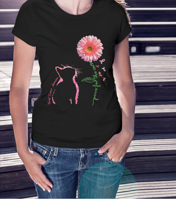 Paws For The Cure Breast Cancer Awareness Cat Pink Flower T-Shirt