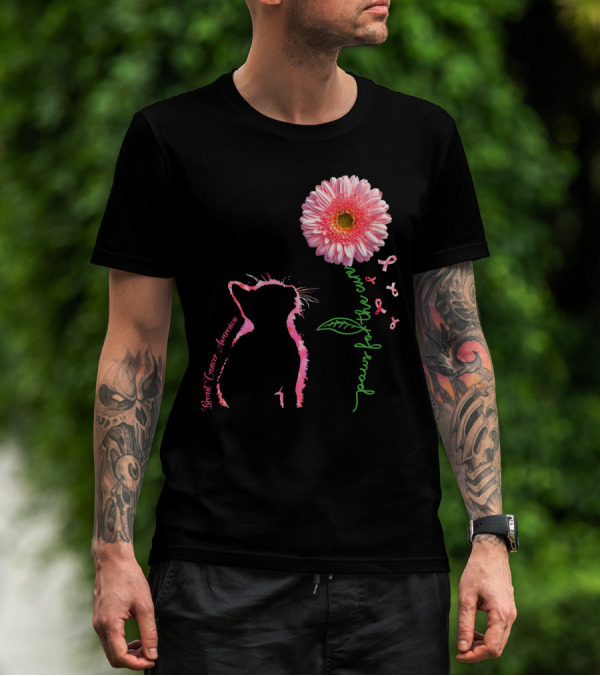 Paws For The Cure Breast Cancer Awareness Cat Pink Flower T-Shirt