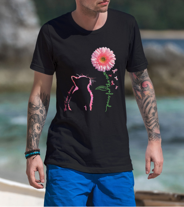 Paws For The Cure Breast Cancer Awareness Cat Pink Flower T-Shirt