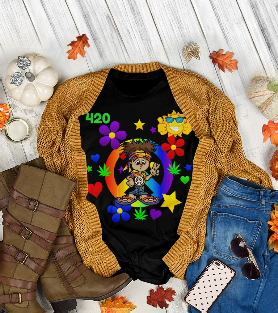420 Peace Sign Hippie Cartoon with Sun and Colorful Flowers T-Shirt