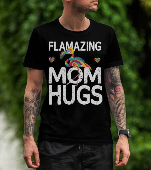 FLAMAZING MOM HUGS Colorful Rainbow Flamingo Hearts T-Shirt
