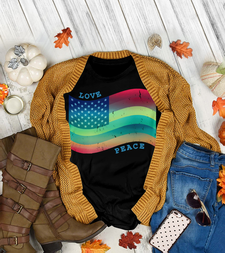 Love Peace Pride Rainbow American Flag T-Shirt