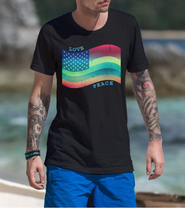 Love Peace Pride Rainbow American Flag T-Shirt