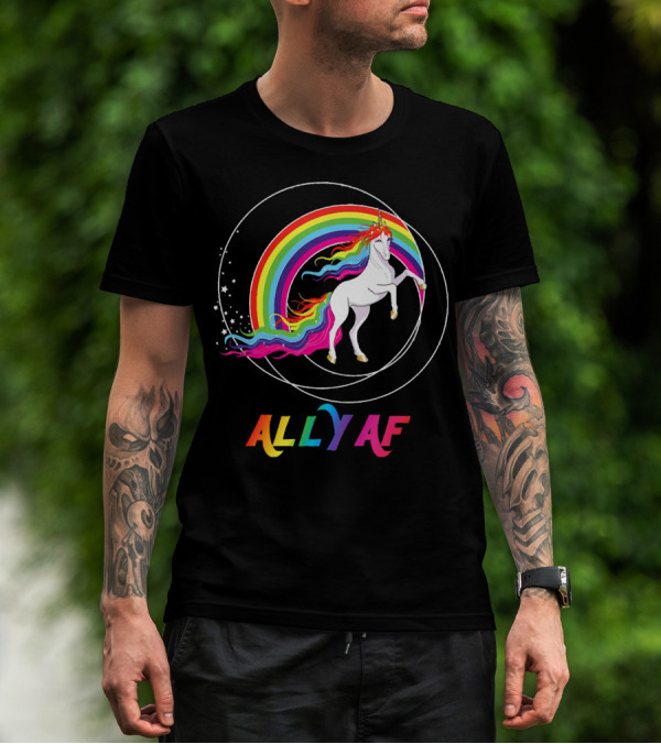Rainbow Pride Ally AF Unicorn With Rainbow Pride Flag Colors T-Shirt