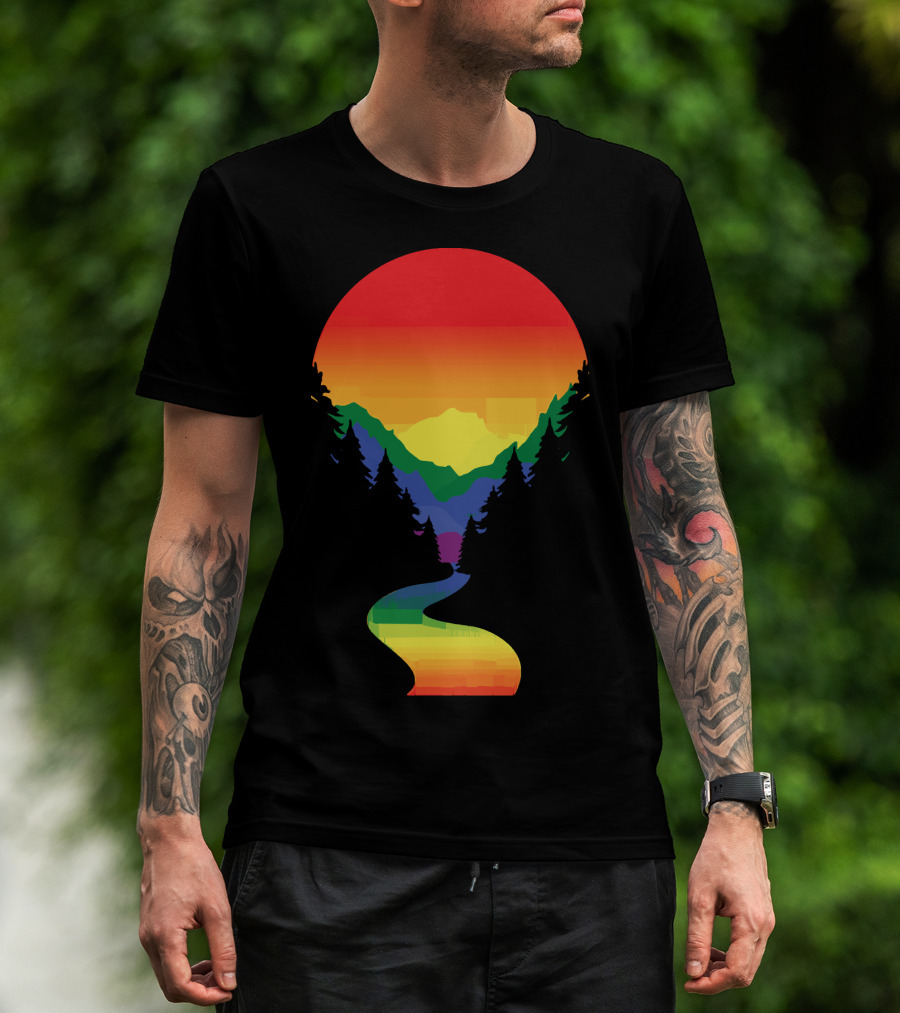 Rainbow Pride Sunset Silhouette Mountains Forest Pathway T-Shirt