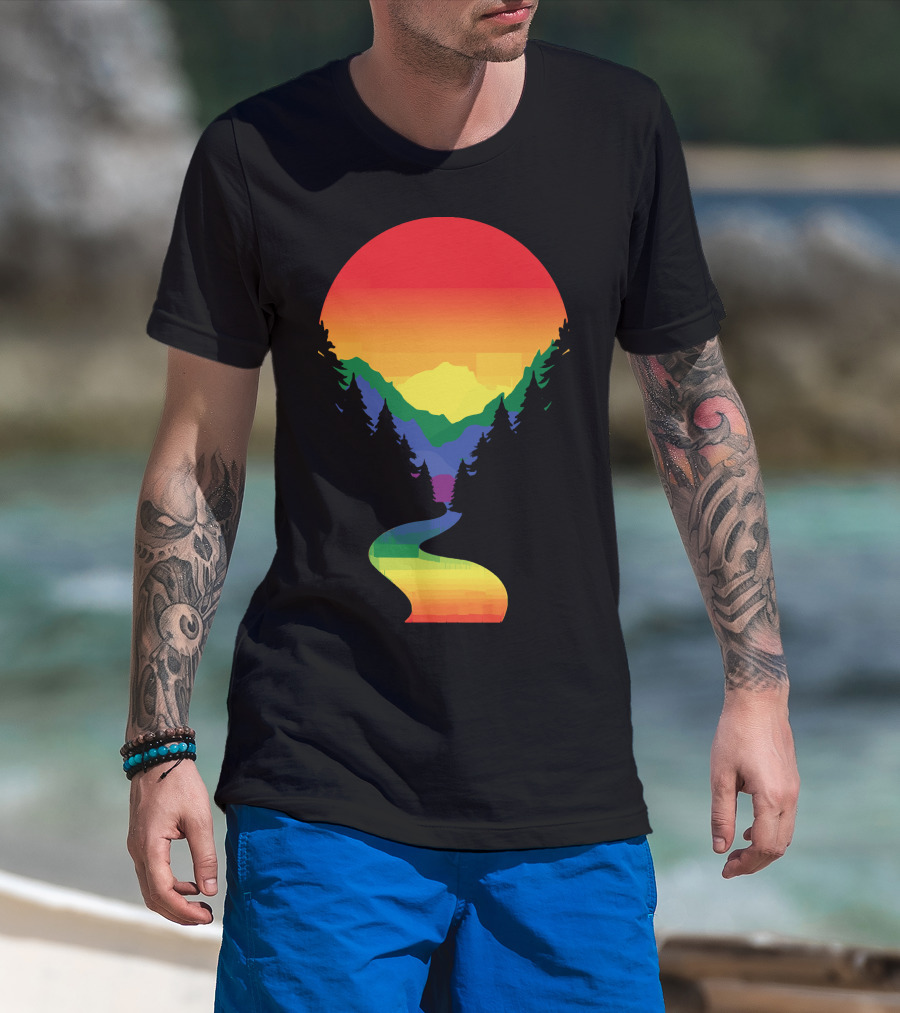 Rainbow Pride Sunset Silhouette Mountains Forest Pathway T-Shirt