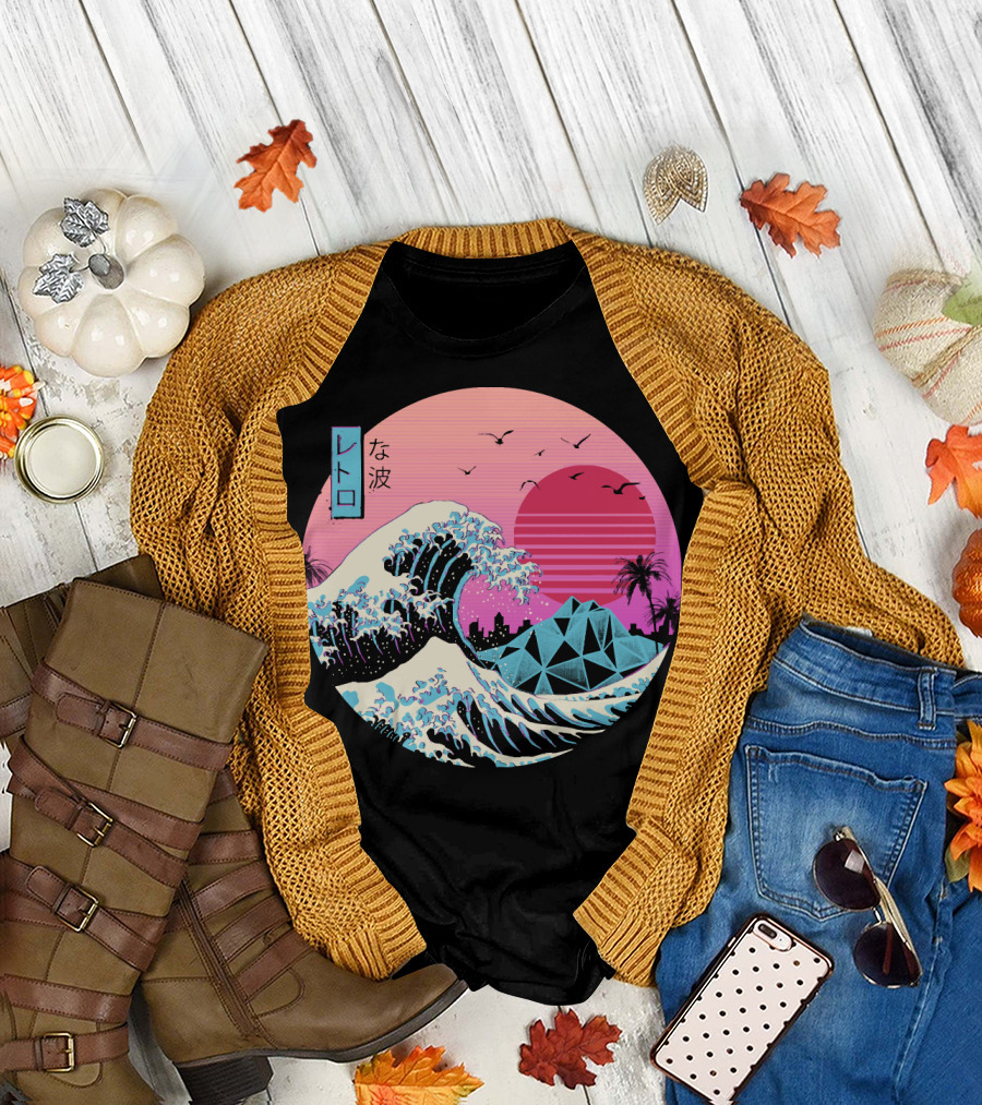 Retro Wave: The Great Sunset Surf with Palm Trees and Geometric Mountains T-Shirt