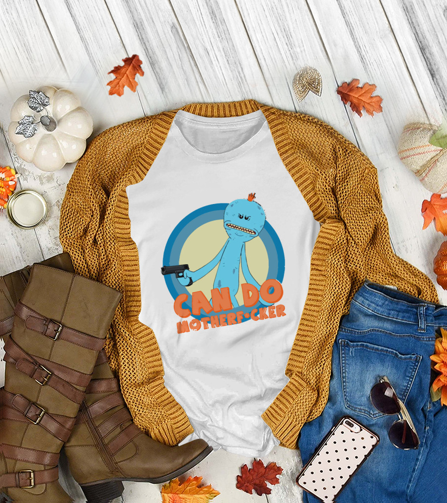 Can Do Motherfcker Gun-Wielding Blue Character with Orange Hair T-Shirt