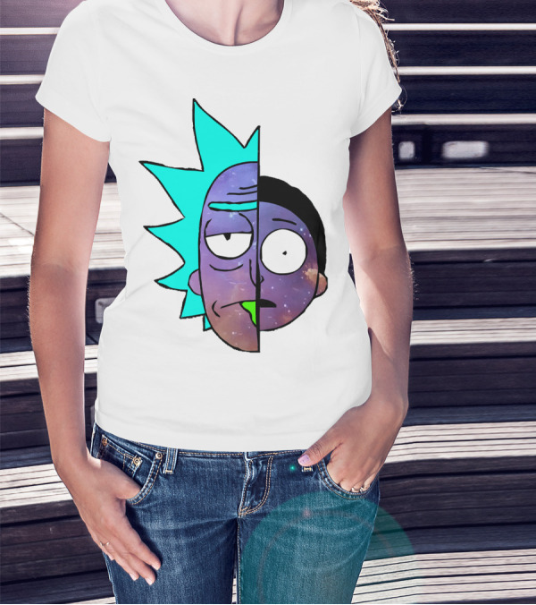 Galactic Rick And Morty Faces Cosmic Split Large T-Shirt