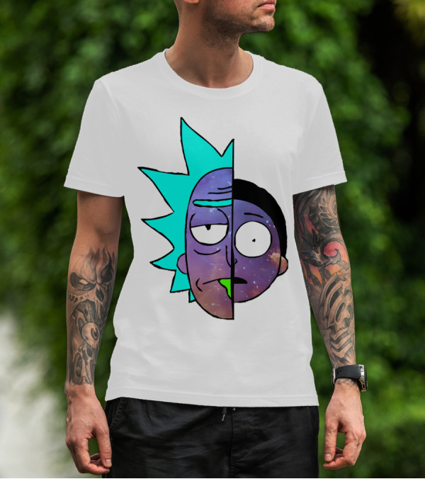Galactic Rick And Morty Faces Cosmic Split Large T-Shirt