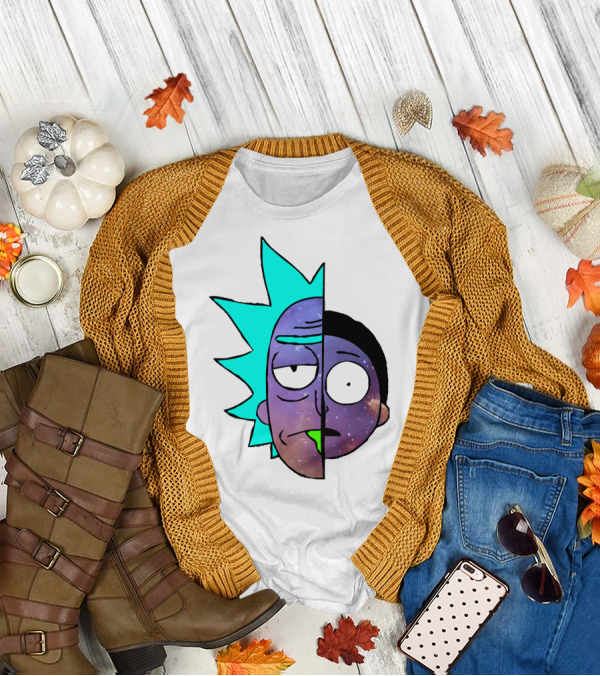 Galactic Rick And Morty Faces Cosmic Split Large T-Shirt