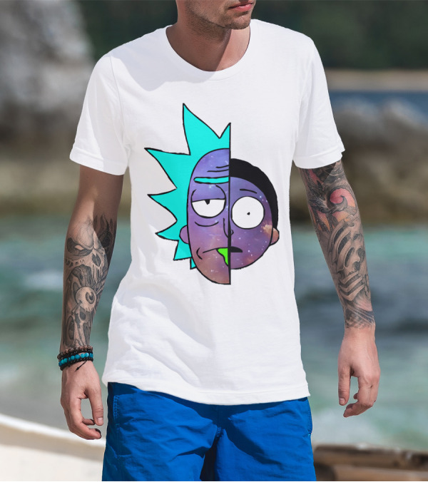 Galactic Rick And Morty Faces Cosmic Split Large T-Shirt