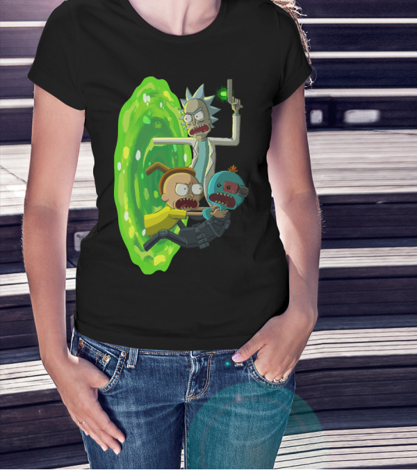Rick And Morty Portal Escape With Meeseeks Cyborg Adventure T-Shirt