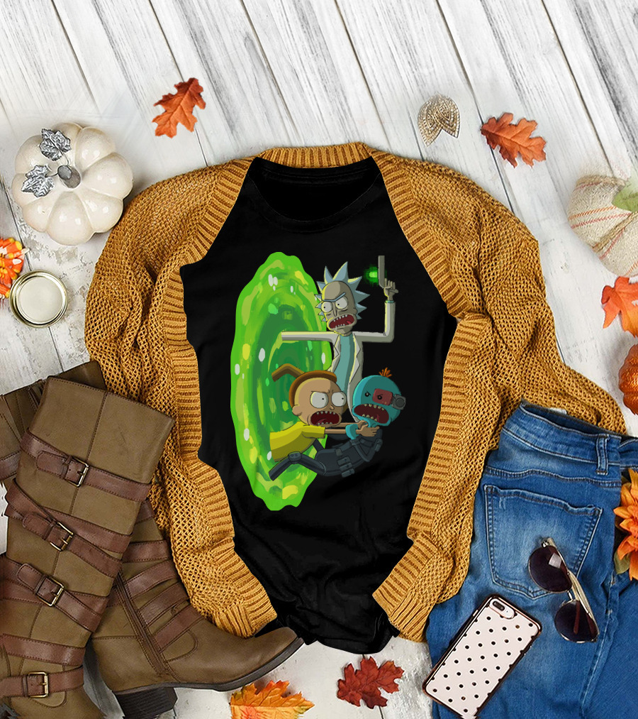 Rick and Morty Portal Escape with Meeseeks Cyborg Adventure T-Shirt