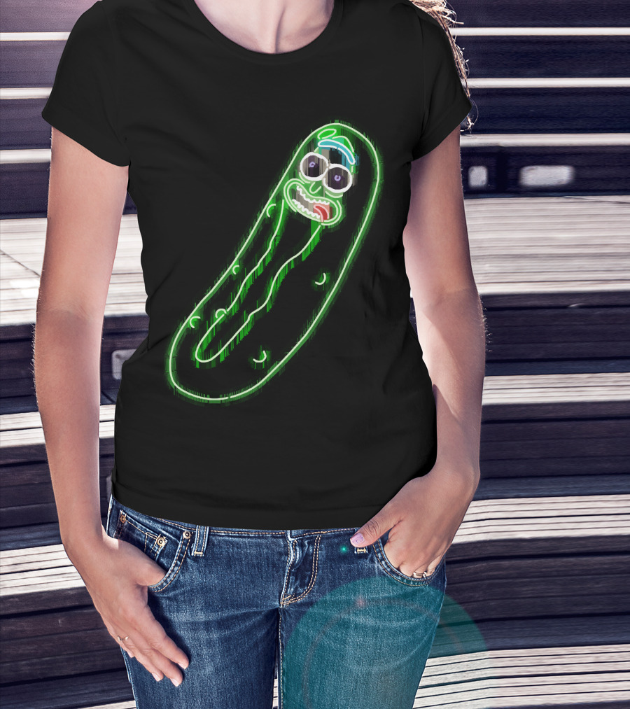 Neon Pickle Rick Left Pocket Glowing Expression T-Shirt
