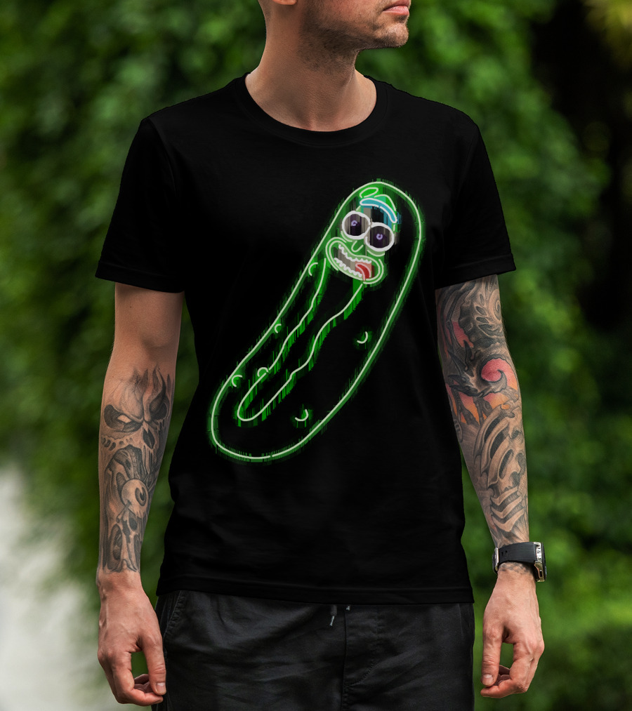 Neon Pickle Rick Left Pocket Glowing Expression T-Shirt