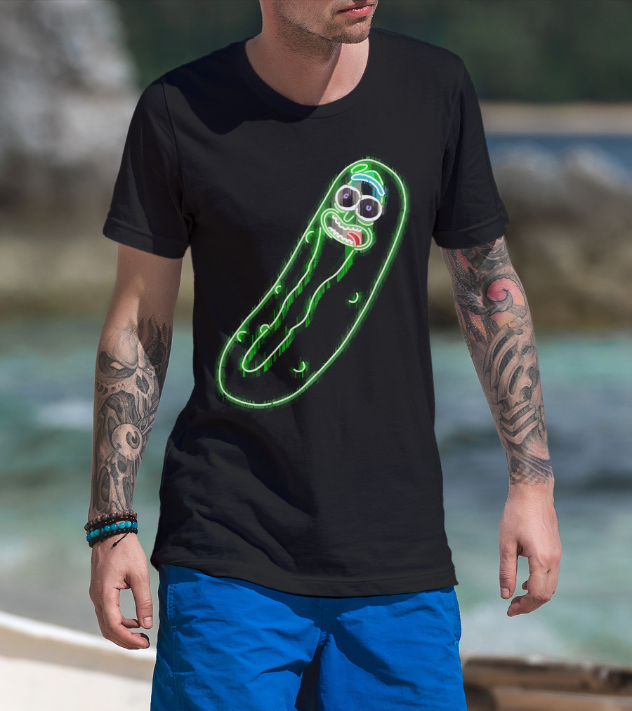 Neon Pickle Rick Left Pocket Glowing Expression T-Shirt