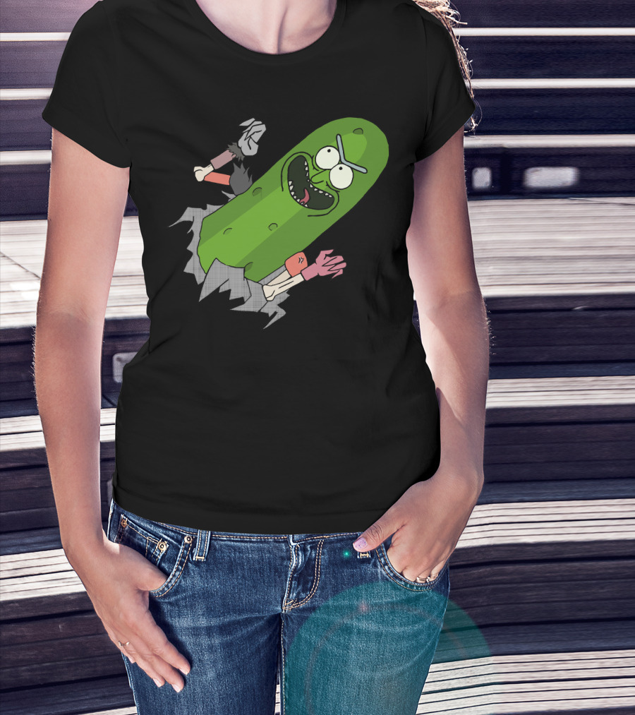 Pickle Rick Breaking Through Punching Action T-Shirt