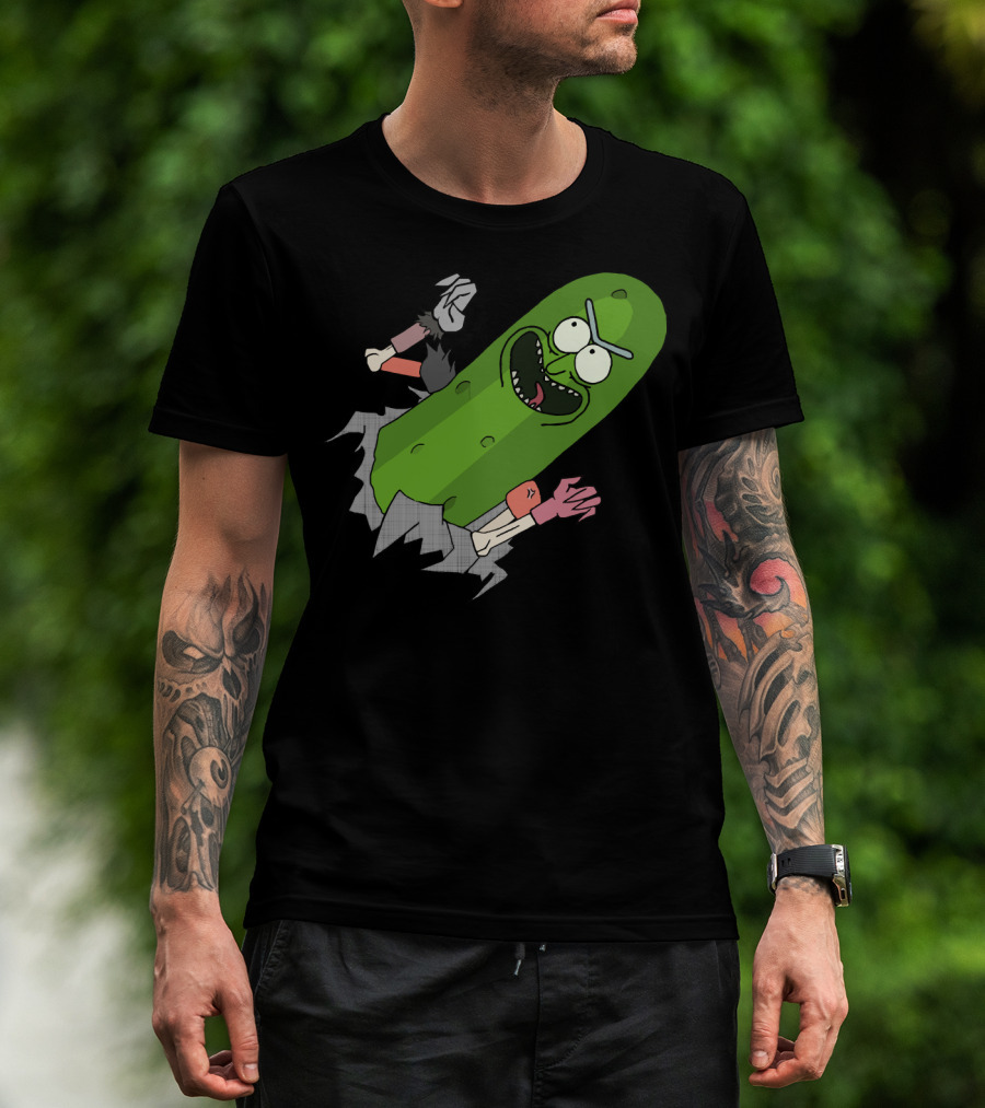 Pickle Rick Breaking Through Punching Action T-Shirt