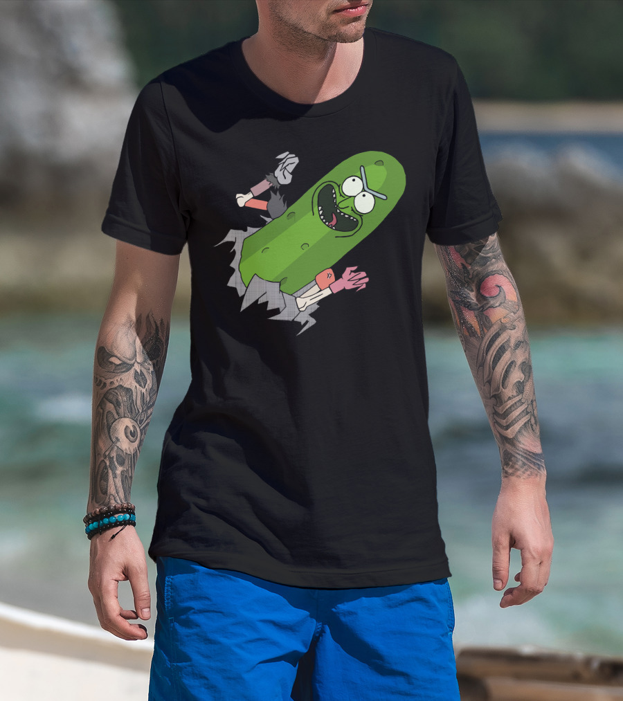Pickle Rick Breaking Through Punching Action T-Shirt