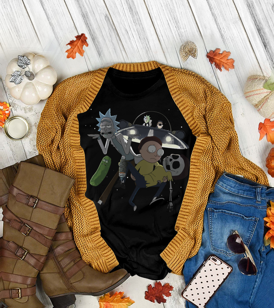 Pickle Rick and Morty Spaceship Adventure with Skeleton Rick and Morty T-Shirt