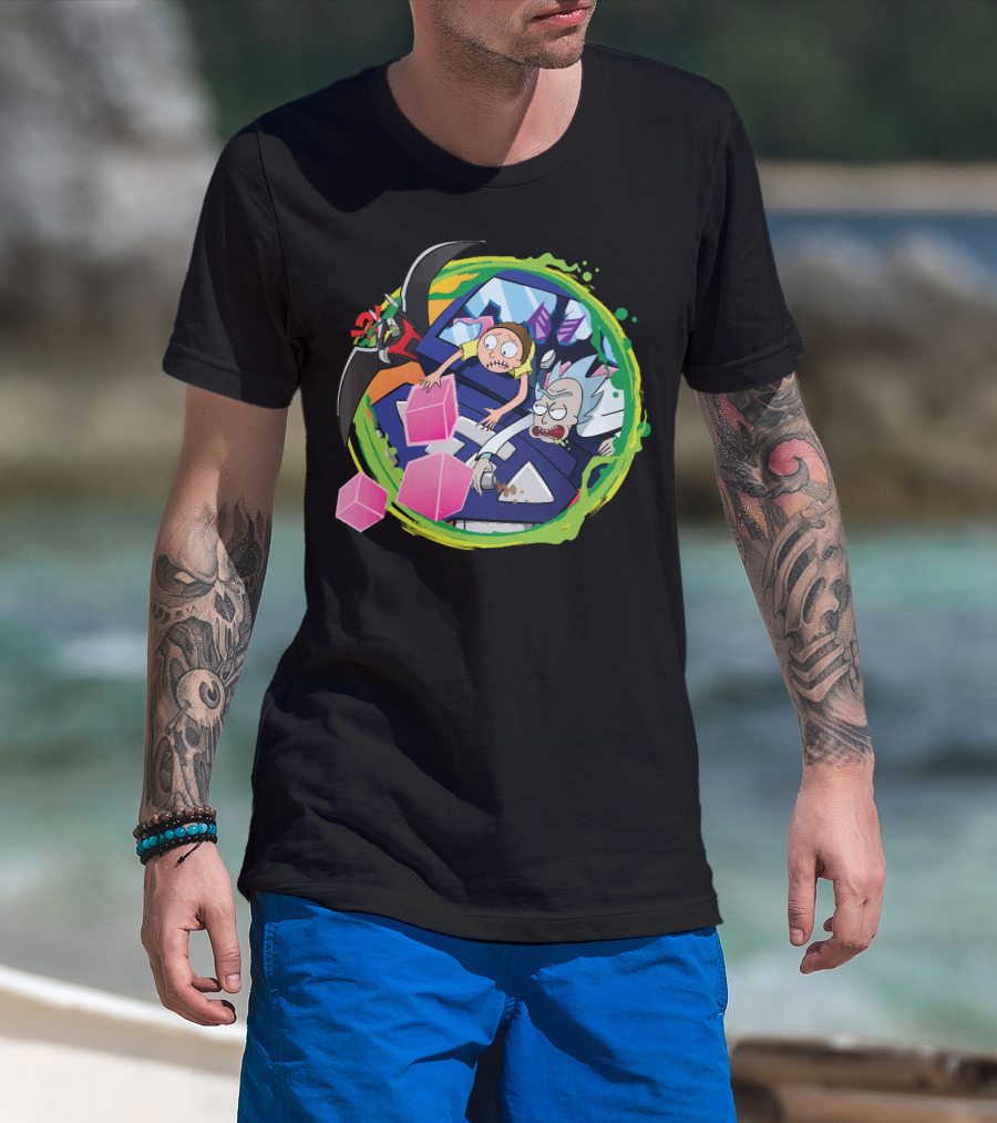 Rick And Morty In Cyber Portal Adventure With Pink Cubes And Alien Figures T-Shirt