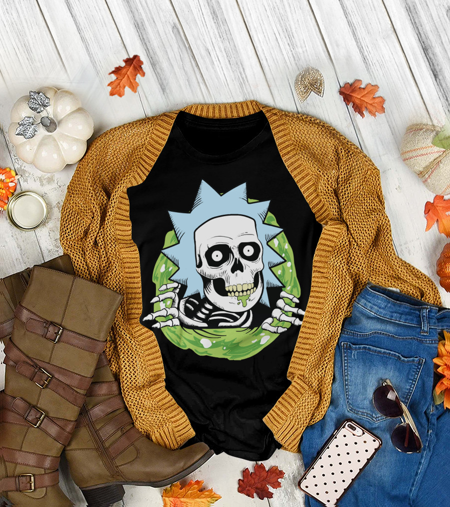 Rick Ripper Skeleton Portal Graphic Blue Hair Green Slime T-Shirt