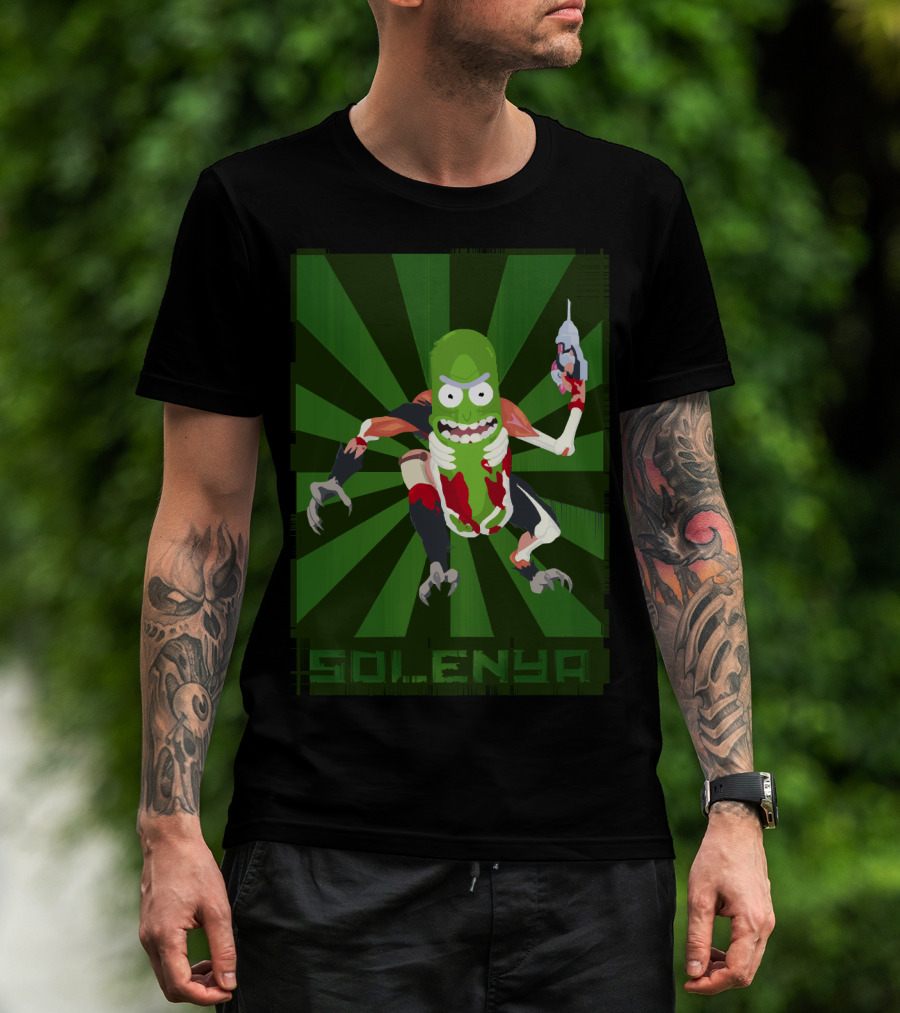 SOLENYA Mutant Pickle Character With Tools And Green Background T-Shirt