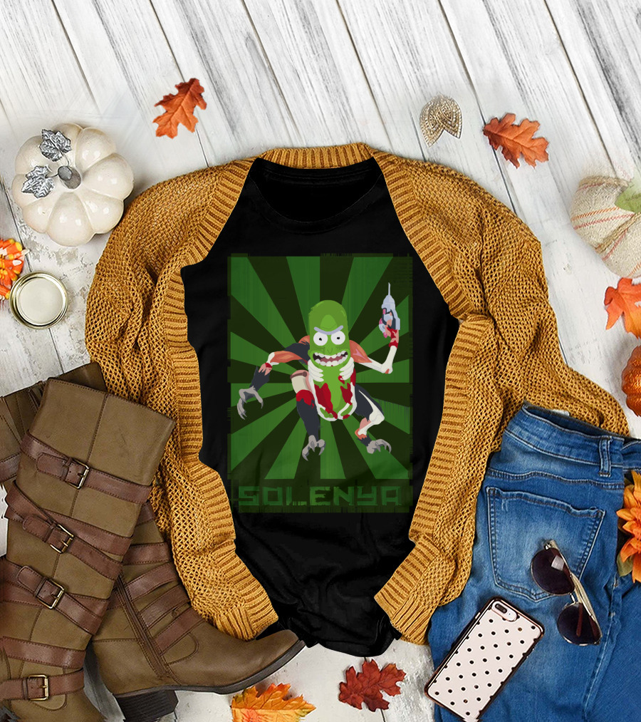 SOLENYA Mutant Pickle Character with Tools and Green Background T-Shirt