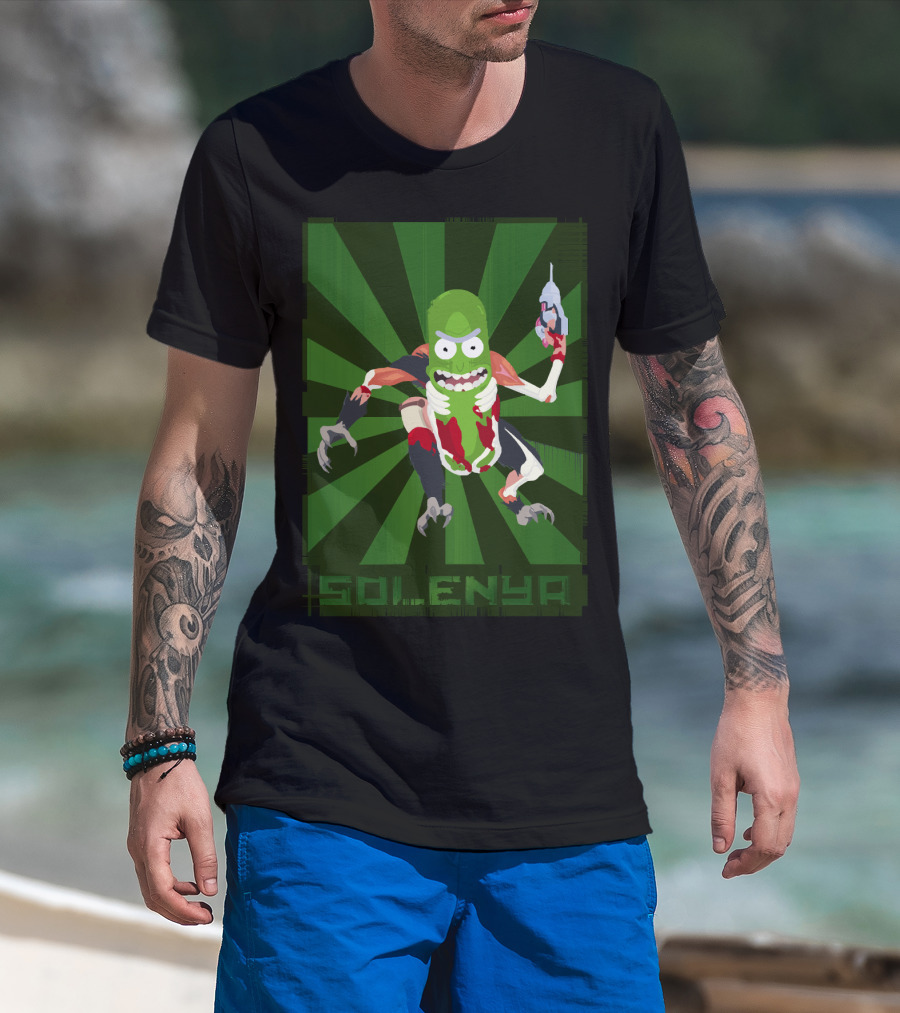 SOLENYA Mutant Pickle Character With Tools And Green Background T-Shirt