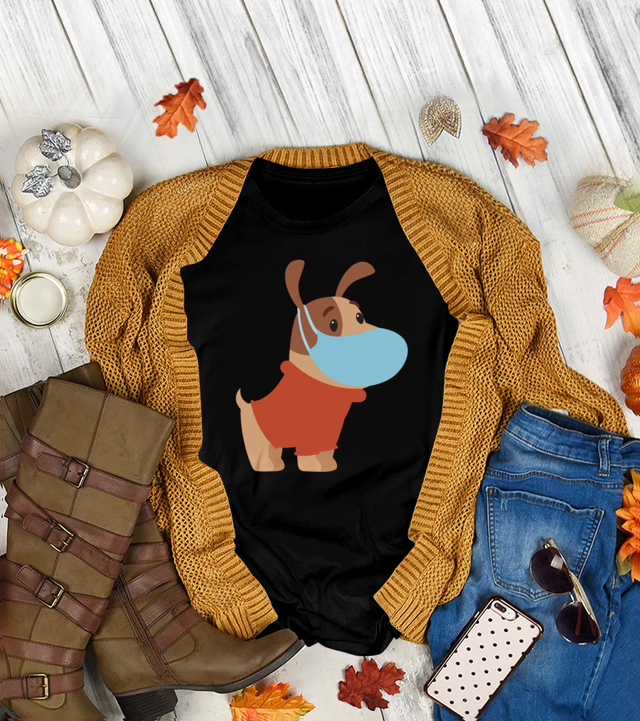 Dog with Mask in Red T-Shirt