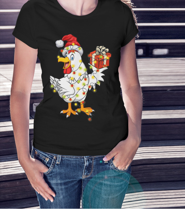 Funny Chicken Wrapped In Christmas Lights With Santa Hat And Gift T-Shirt