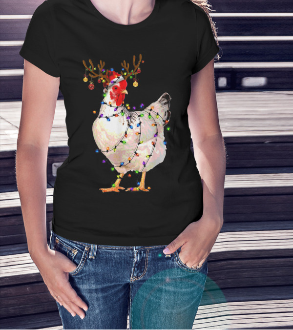 Funny Chicken Wearing Reindeer Antlers And Christmas Lights T-Shirt