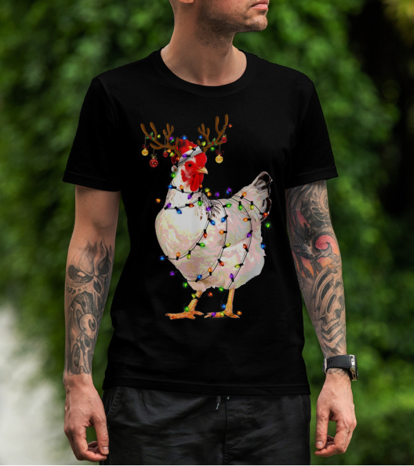 Funny Chicken Wearing Reindeer Antlers And Christmas Lights T-Shirt